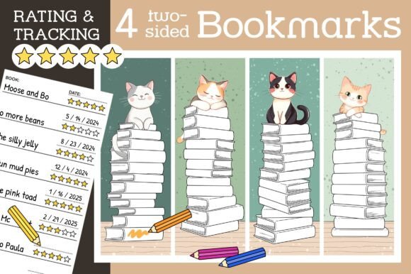 Cute Cat Bookmarks for Kids: Track & Rate Reading Adventures