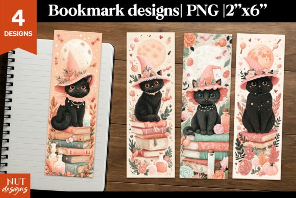 Witch Cat Bookmarks, Cartoon Halloween